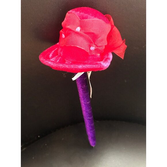 Vtg Mary Meyer Red Hat Society Purple Velour Ink Pen Red Velour Hat Red Ribbon - Picture 1 of 10